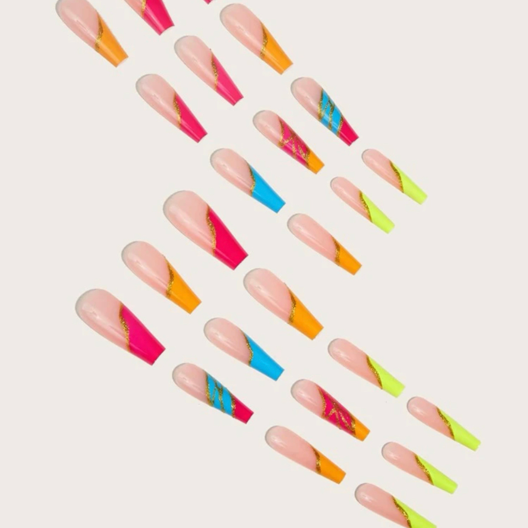 NEON RAINBOW FRENCH TIP W GOLD LONG COFFIN