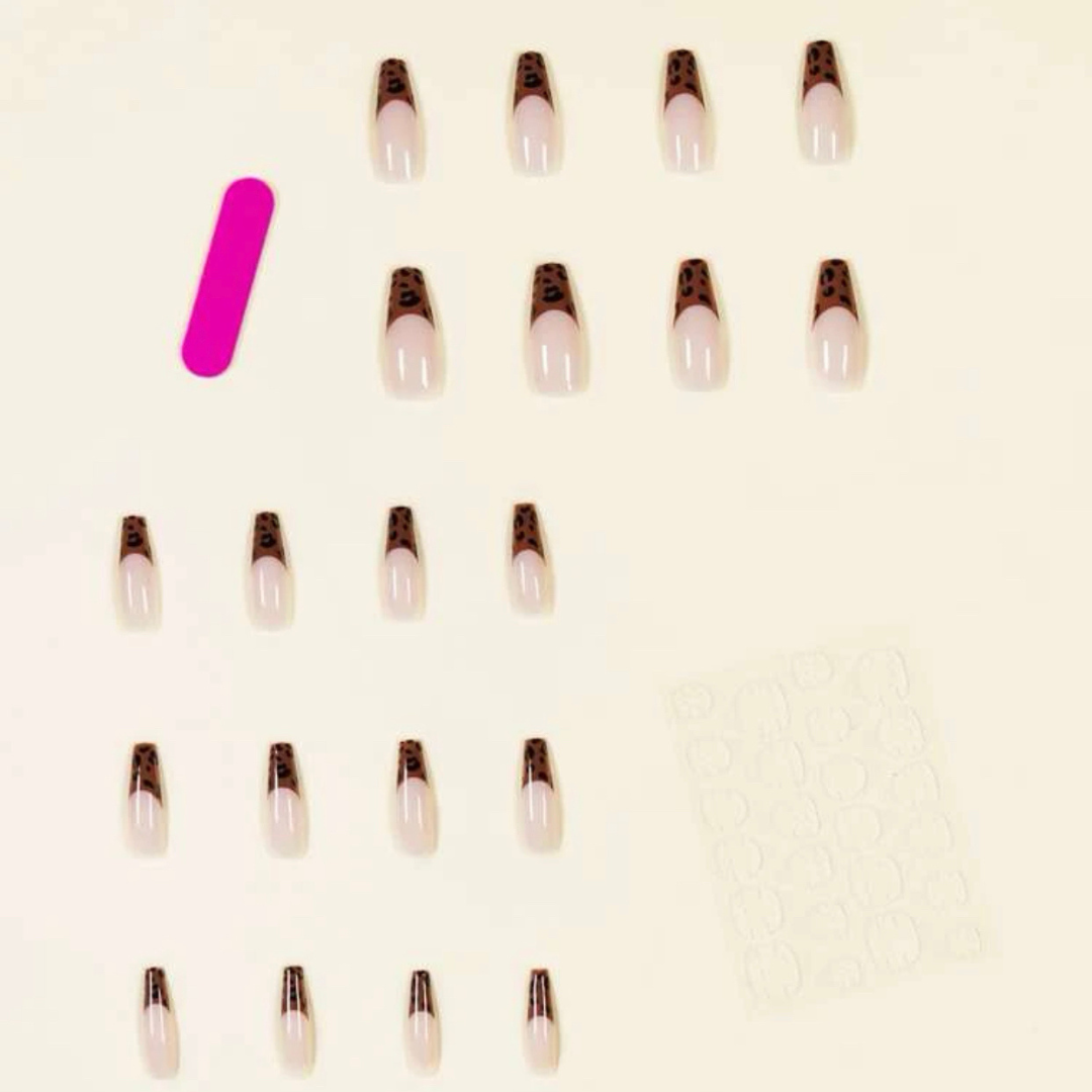 NUDE/BROWN LONG COFFIN CHEETAH FRENCH TIP