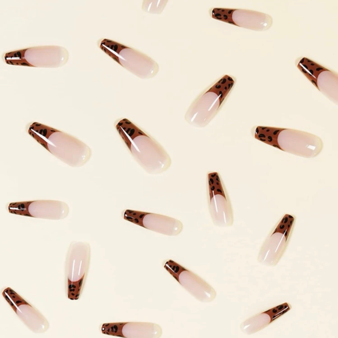NUDE/BROWN LONG COFFIN CHEETAH FRENCH TIP