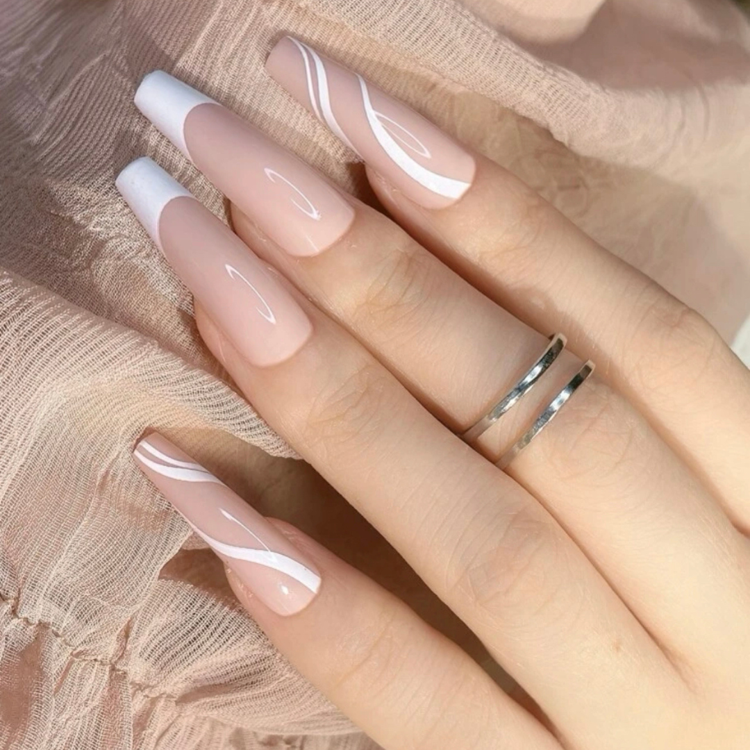 NUDE/WHITE LONG COFFIN FRENCH TIP W SWIRL DESIGN