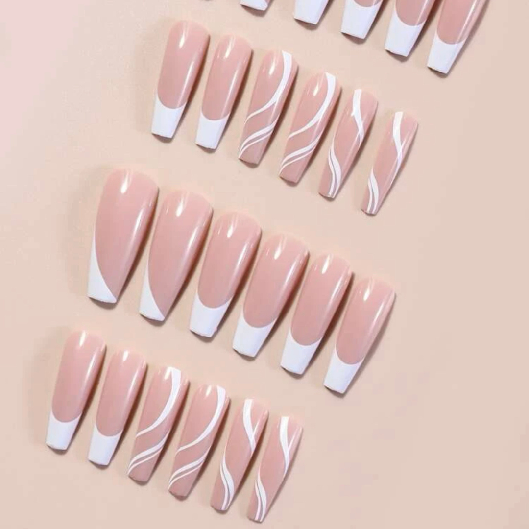 NUDE/WHITE LONG COFFIN FRENCH TIP W SWIRL DESIGN
