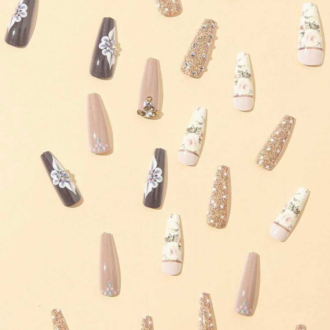 BROWN/GOLD/WHITE FLORAL PAINTED LONG COFFIN
