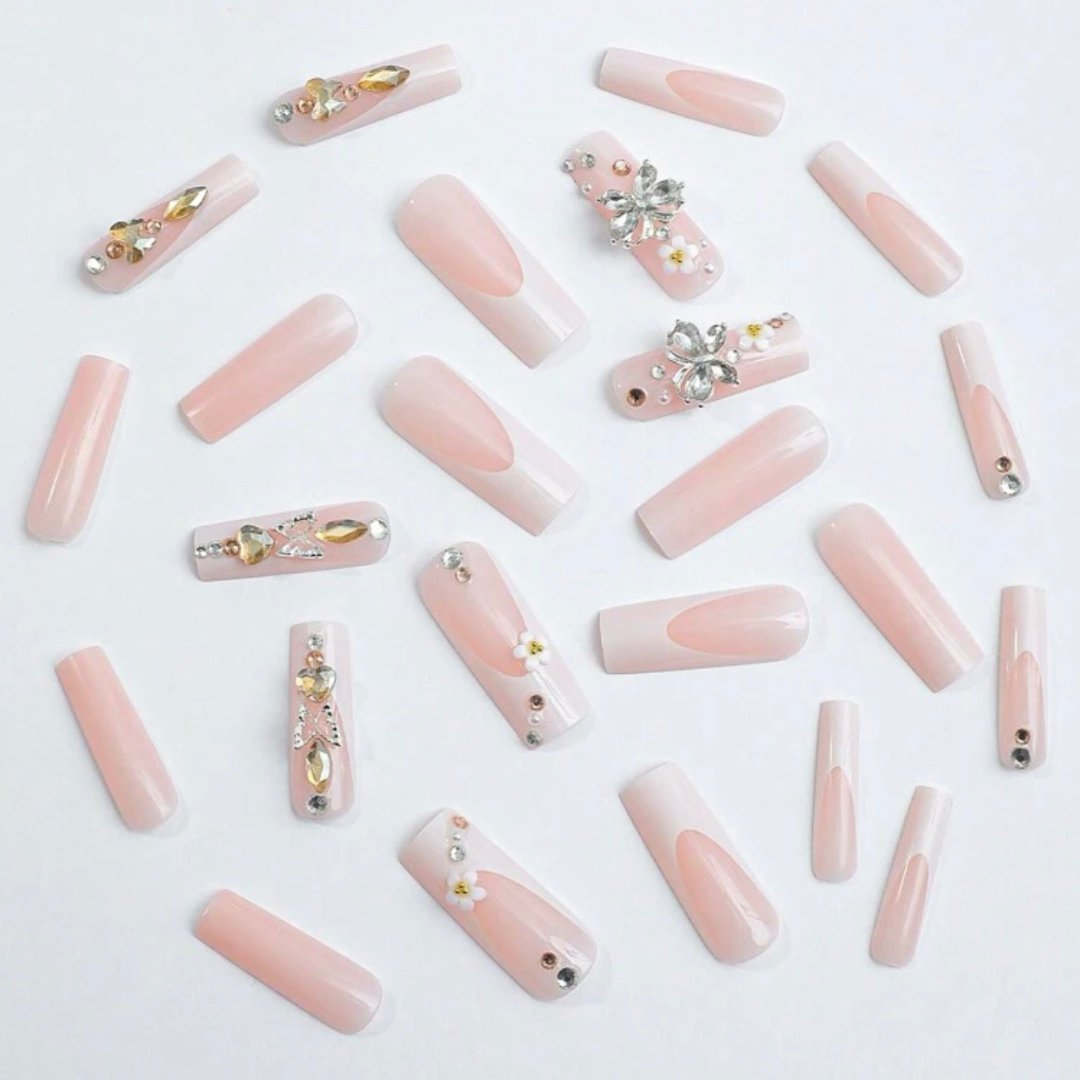 NUDE/WHITE FRENCH LONG SQUARE W BUTTERFLIES