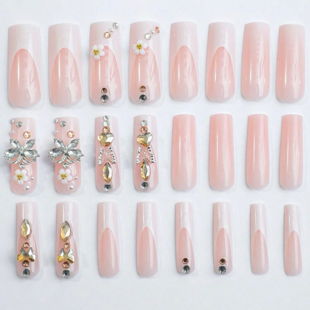 NUDE/WHITE FRENCH LONG SQUARE W BUTTERFLIES