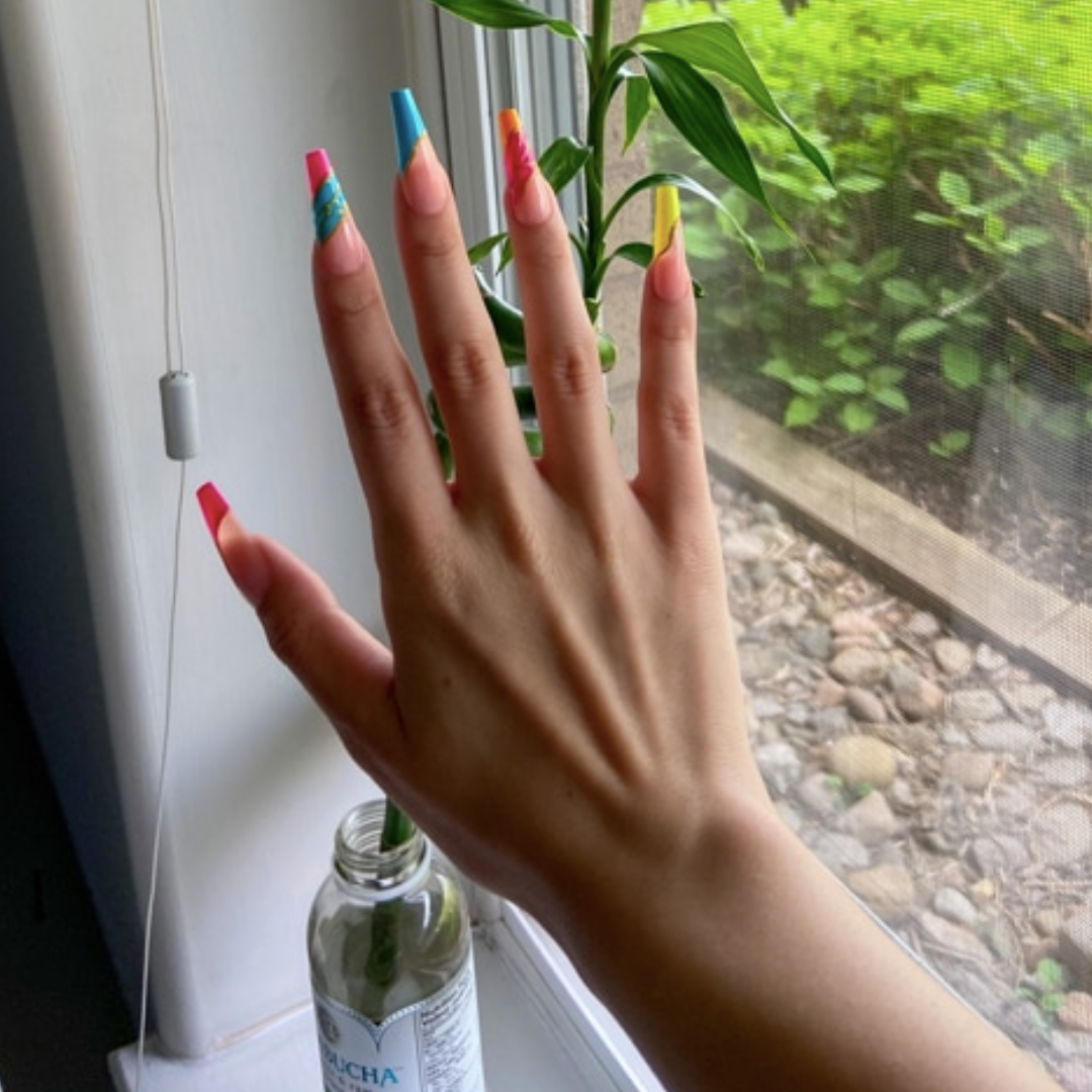 NEON RAINBOW FRENCH TIP W GOLD LONG COFFIN