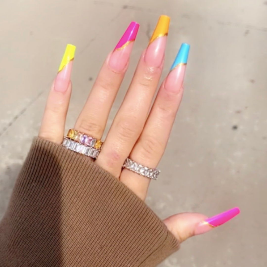 NEON RAINBOW FRENCH TIP W GOLD LONG COFFIN
