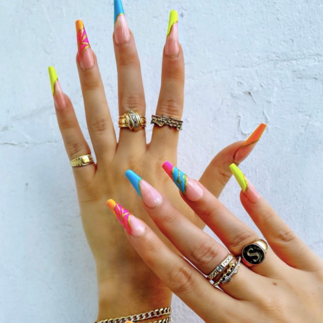 NEON RAINBOW FRENCH TIP W GOLD LONG COFFIN