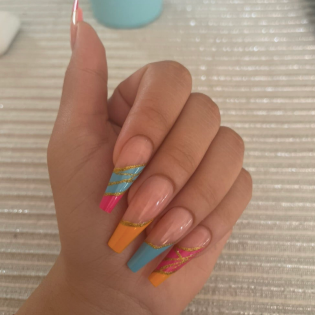 NEON RAINBOW FRENCH TIP W GOLD LONG COFFIN