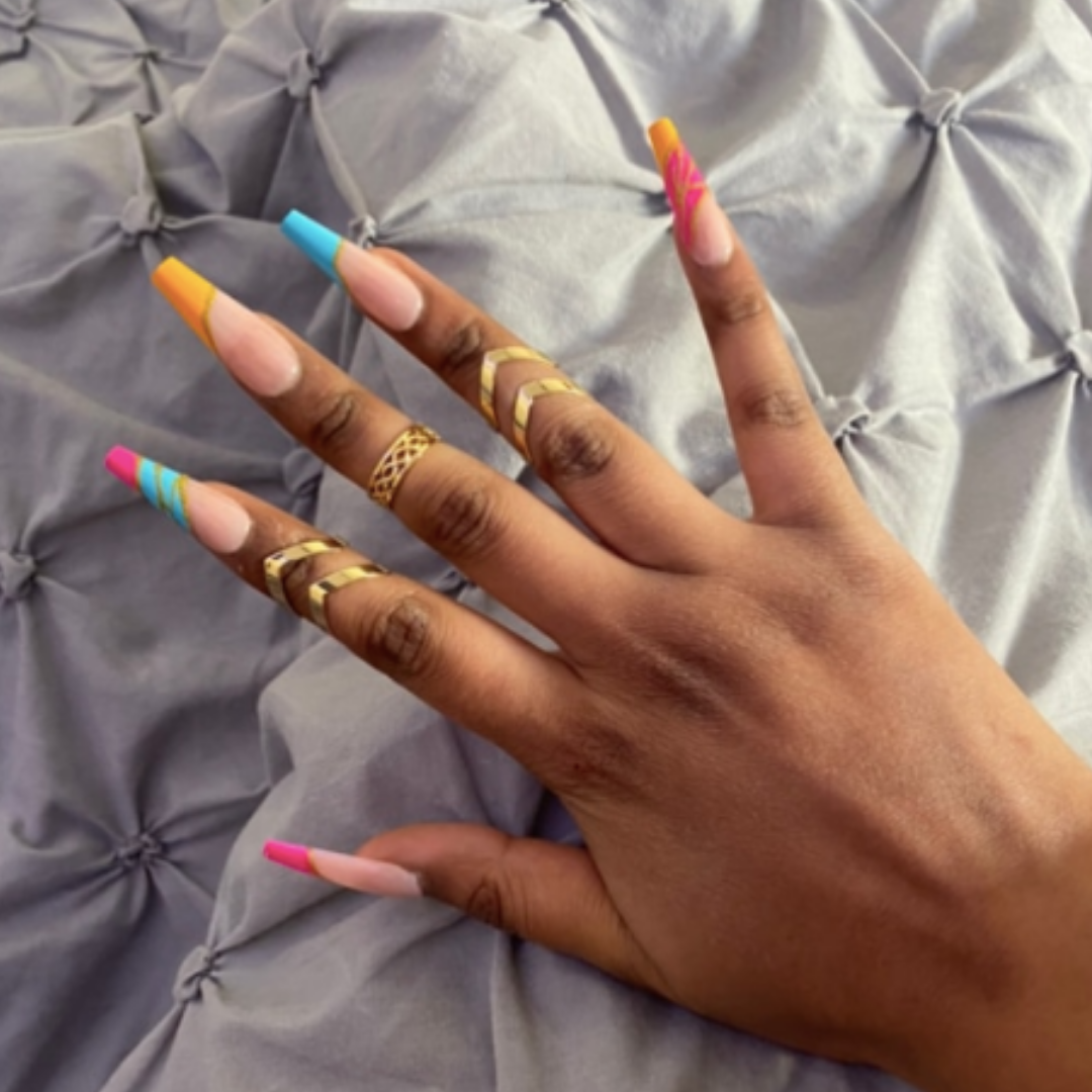 NEON RAINBOW FRENCH TIP W GOLD LONG COFFIN