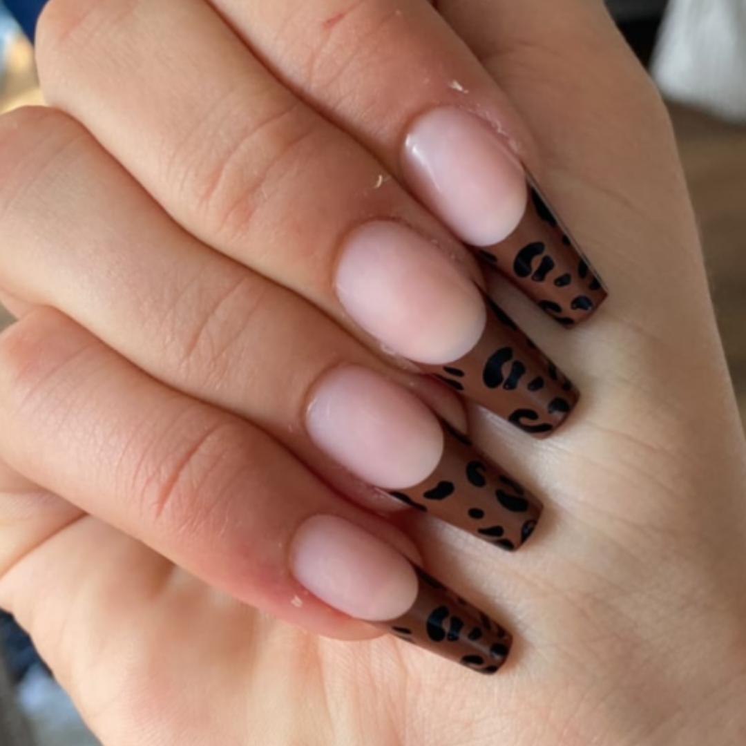 NUDE/BROWN LONG COFFIN CHEETAH FRENCH TIP