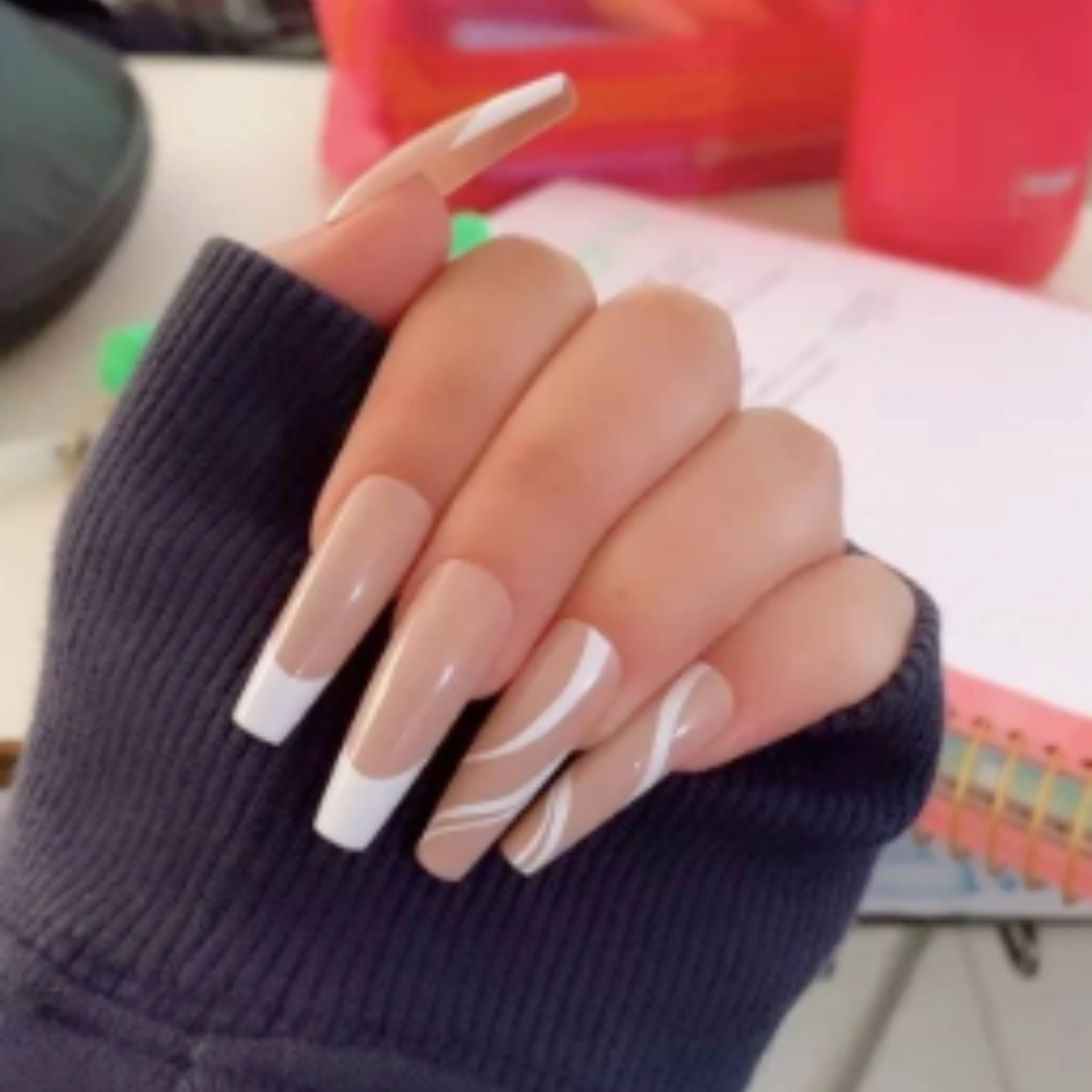 NUDE/WHITE LONG COFFIN FRENCH TIP W SWIRL DESIGN