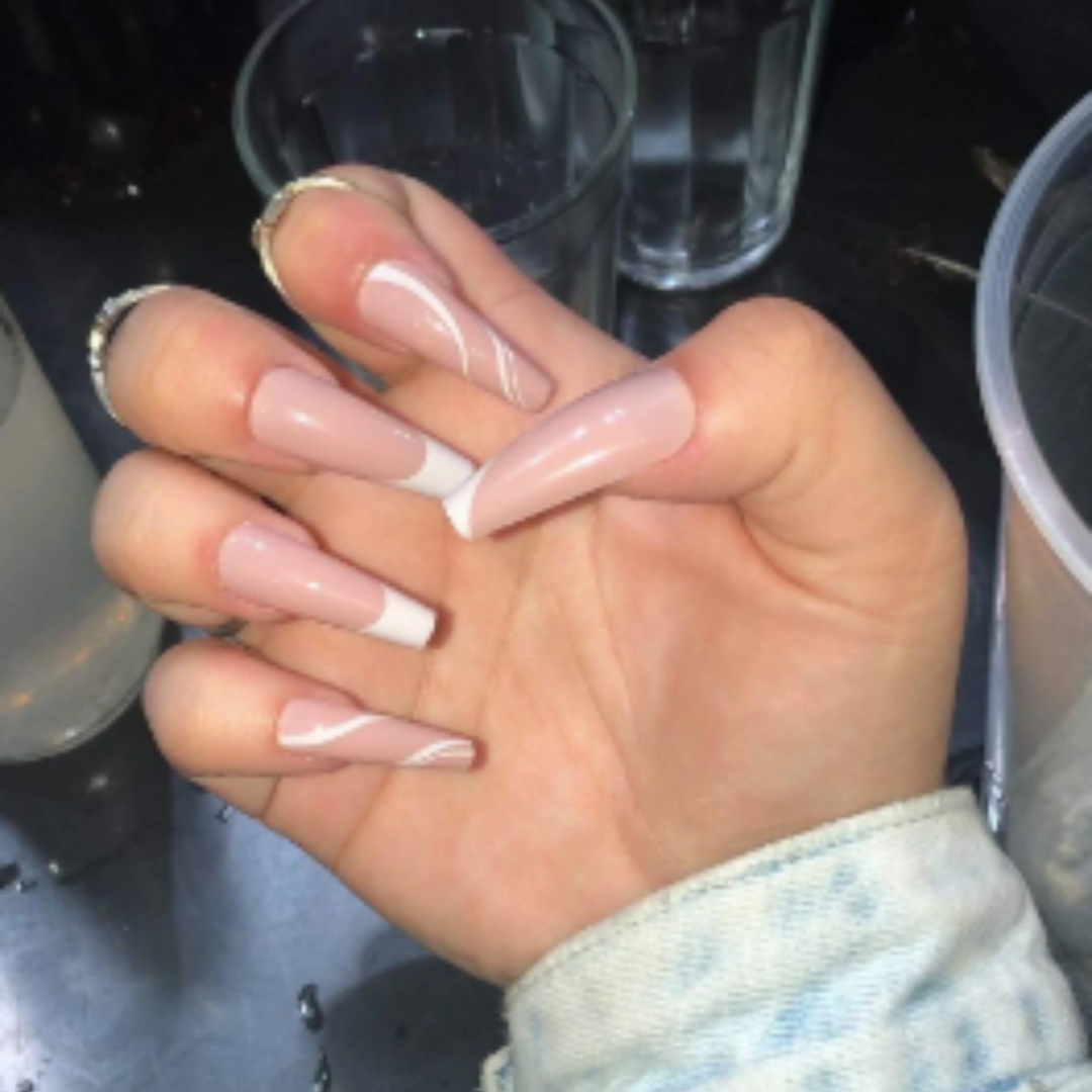 NUDE/WHITE LONG COFFIN FRENCH TIP W SWIRL DESIGN