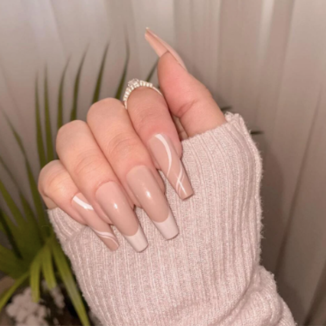 NUDE/WHITE LONG COFFIN FRENCH TIP W SWIRL DESIGN