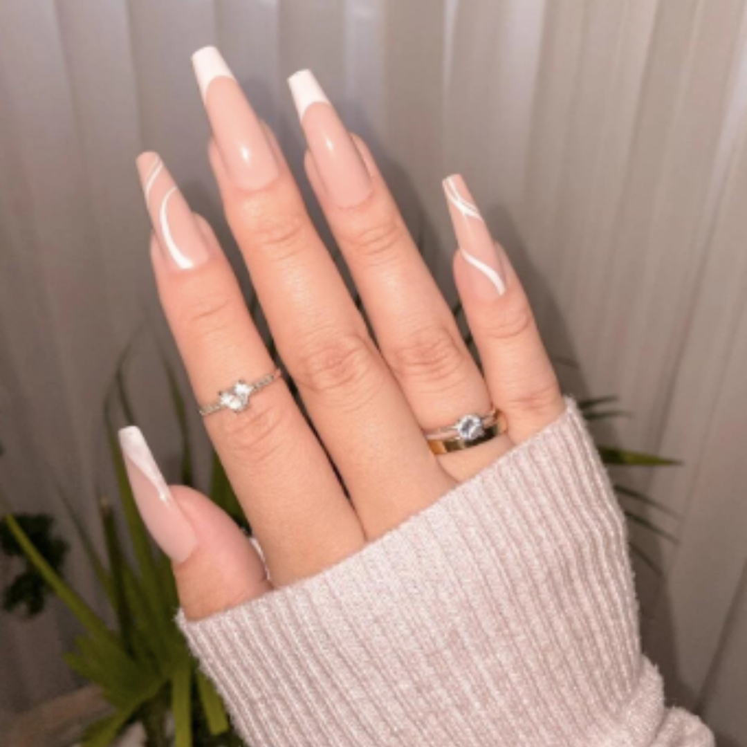 NUDE/WHITE LONG COFFIN FRENCH TIP W SWIRL DESIGN