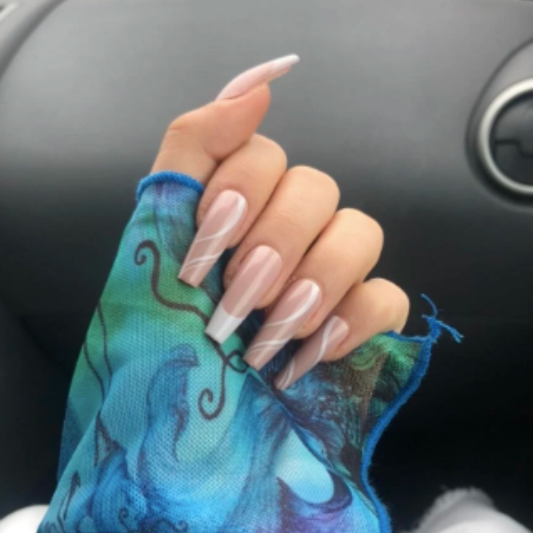 NUDE/WHITE LONG COFFIN FRENCH TIP W SWIRL DESIGN