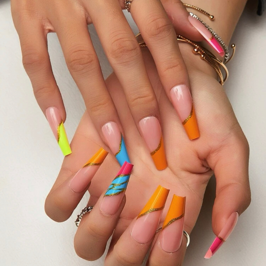 long coffin nude coloured press on nails with gold foil and neon coloured french tips