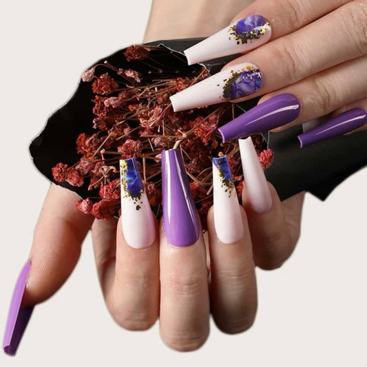 purple and white long coffin press on nails with marble accent designs