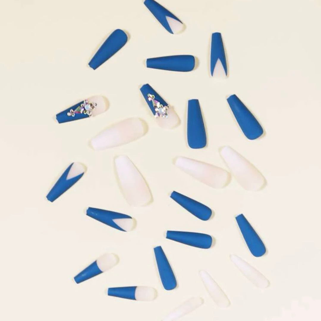 BLUE/WHITE OMBRE FRENCH LONG COFFIN W GEMS