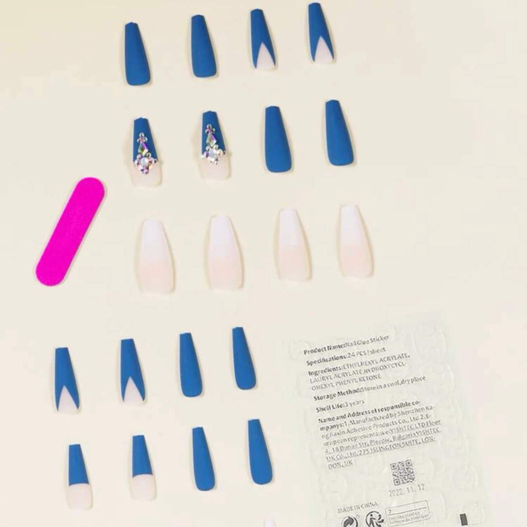 BLUE/WHITE OMBRE FRENCH LONG COFFIN W GEMS