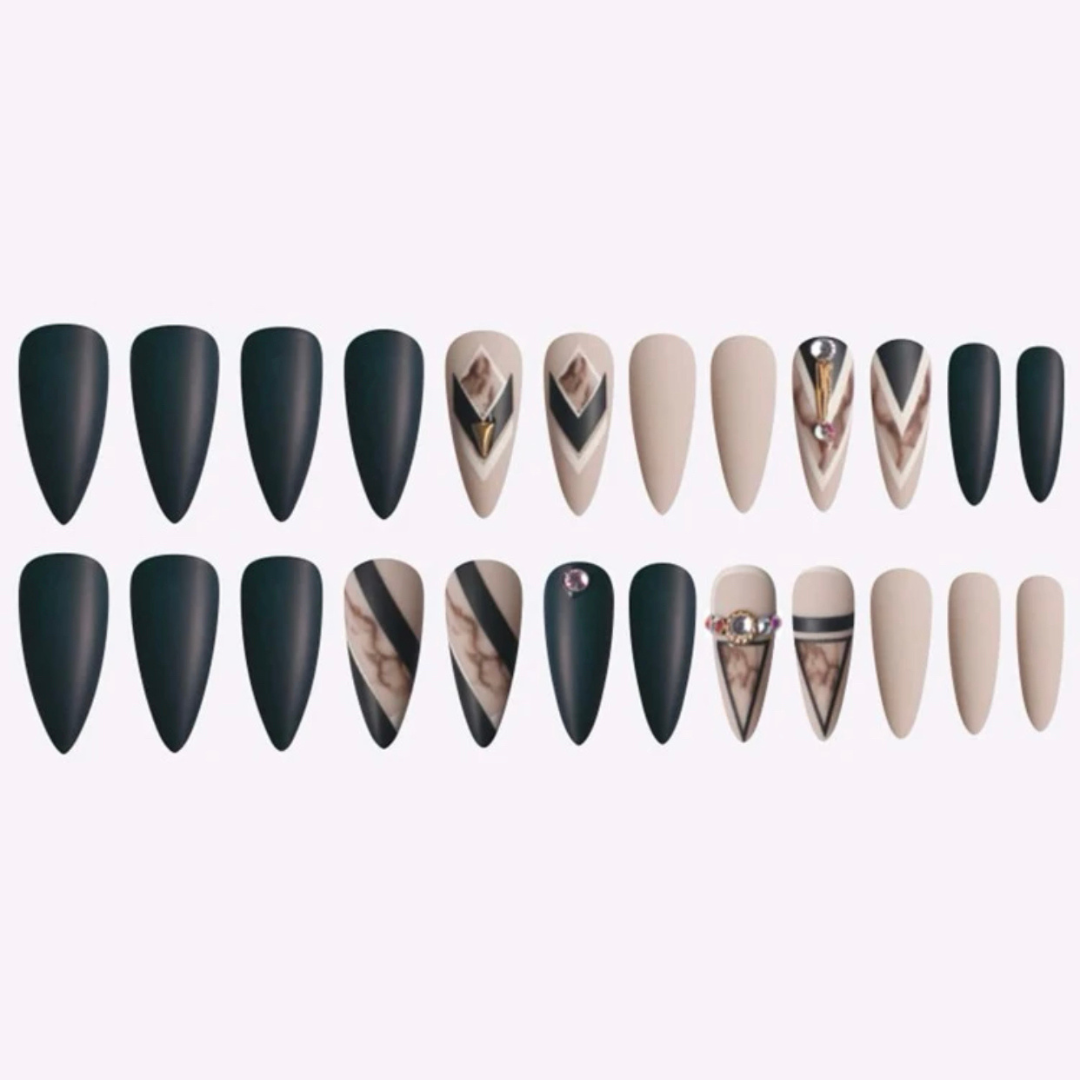 BLACK/NUDE SHORT ALMOND GEOMETRIC MARBLE
