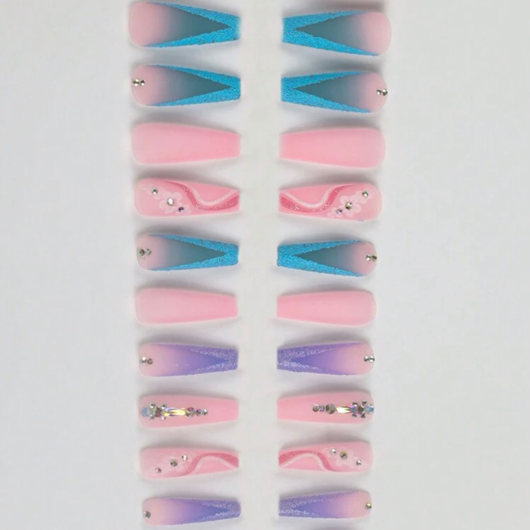 PINK/BLUE/PURPLE LONG COFFIN SUGAR FRENCH NAILS
