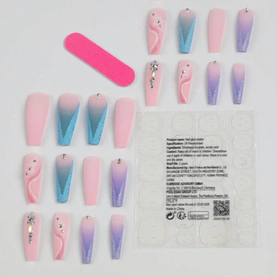 PINK/BLUE/PURPLE LONG COFFIN SUGAR FRENCH NAILS