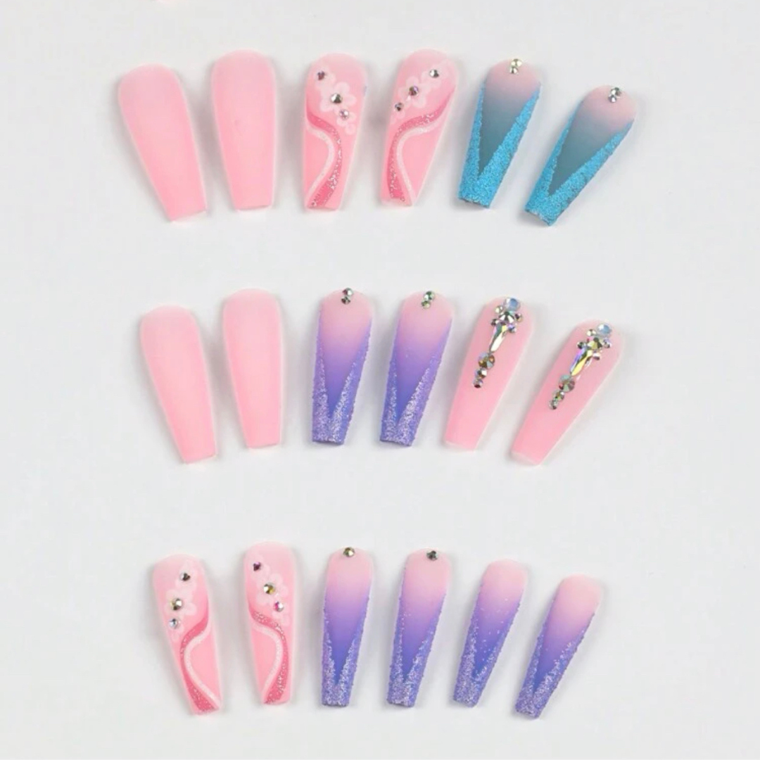 PINK/BLUE/PURPLE LONG COFFIN SUGAR FRENCH NAILS