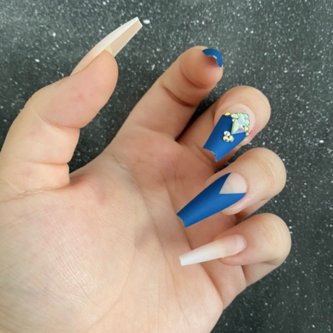 BLUE/WHITE OMBRE FRENCH LONG COFFIN W GEMS