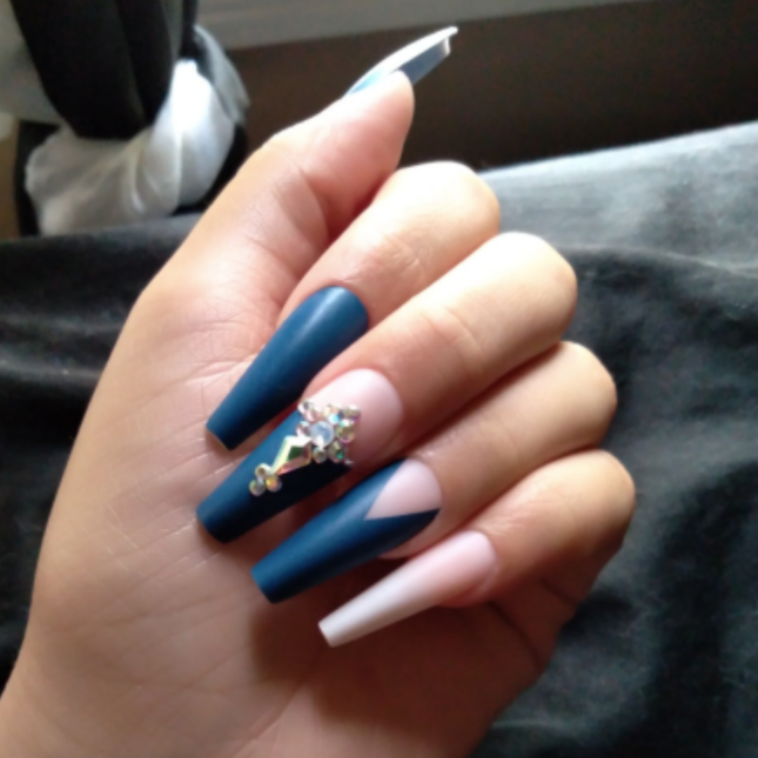 BLUE/WHITE OMBRE FRENCH LONG COFFIN W GEMS