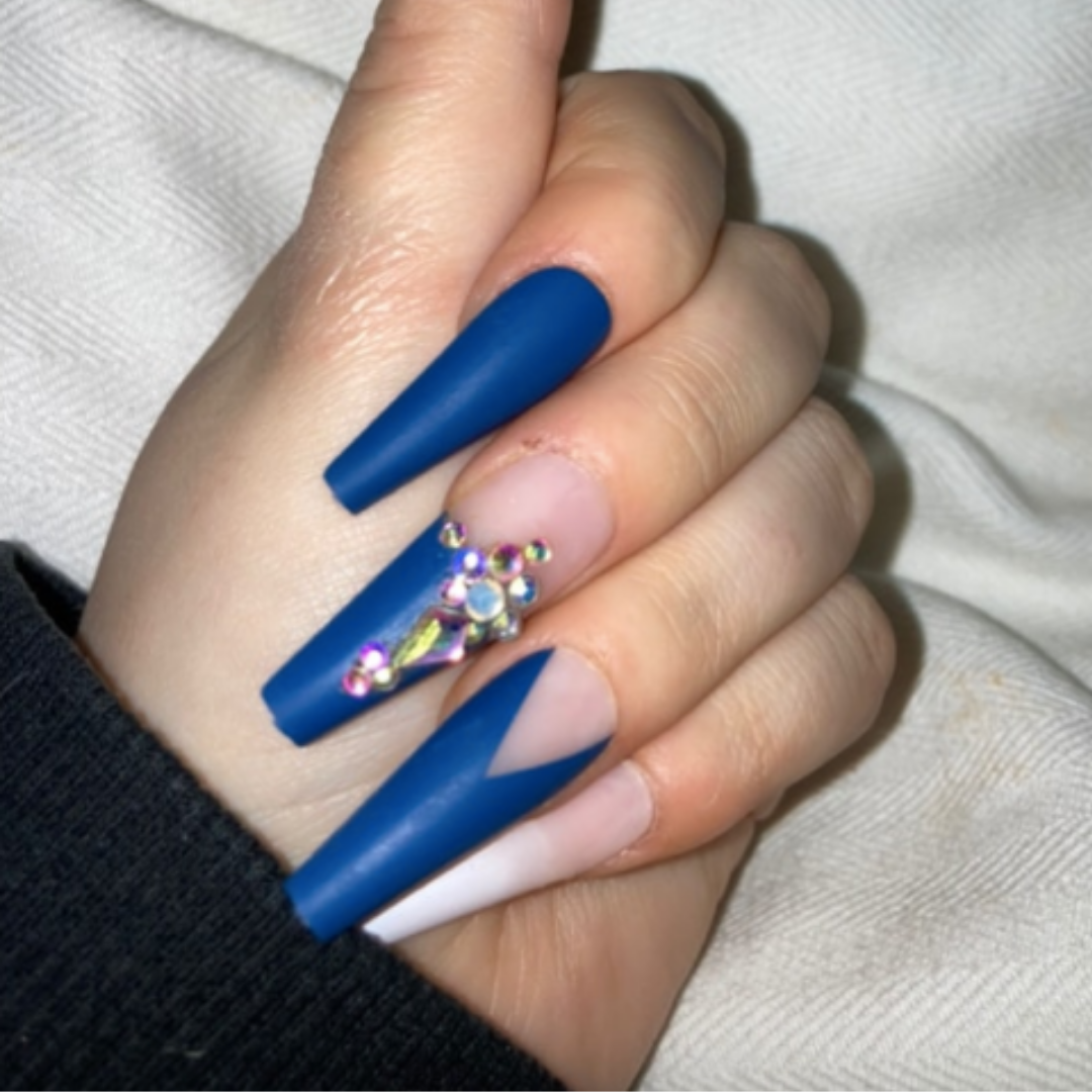 BLUE/WHITE OMBRE FRENCH LONG COFFIN W GEMS