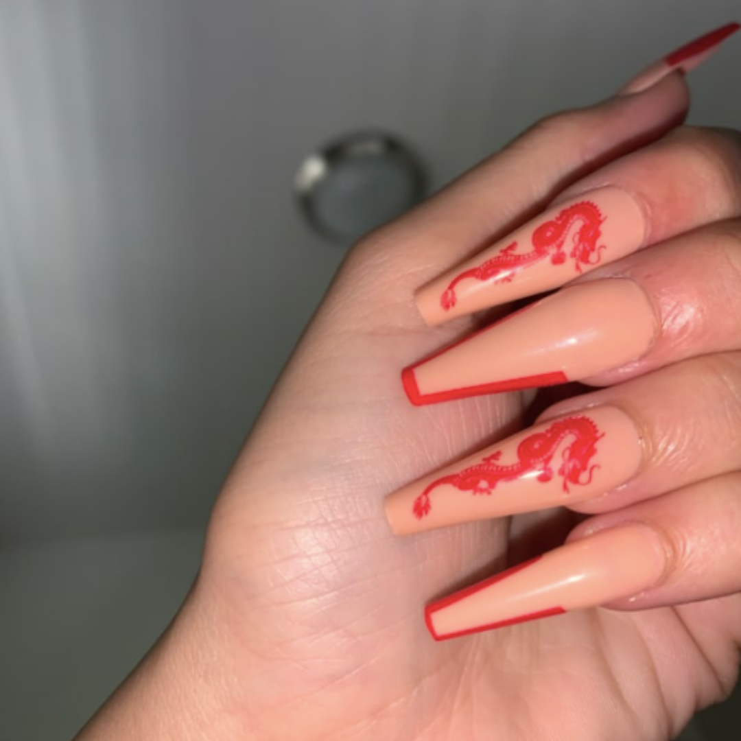 NUDE RED DRAGON PAINTED DESIGN LONG COFFIN