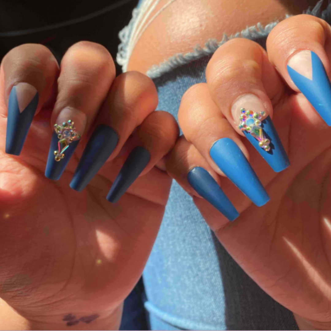 BLUE/WHITE OMBRE FRENCH LONG COFFIN W GEMS