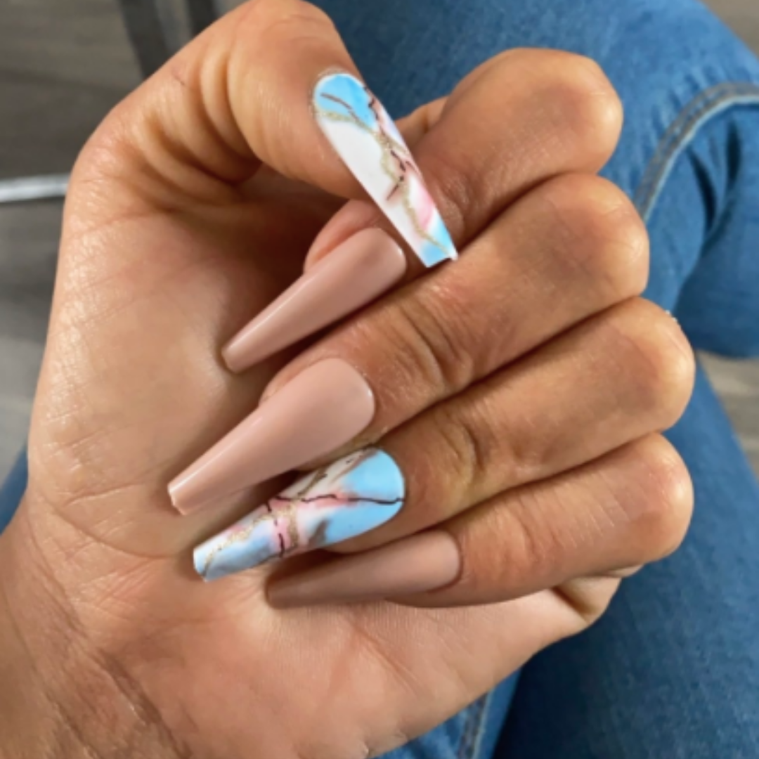 NUDE/PINK/BLUE MARBLE AIRBRUSH LONG COFFIN
