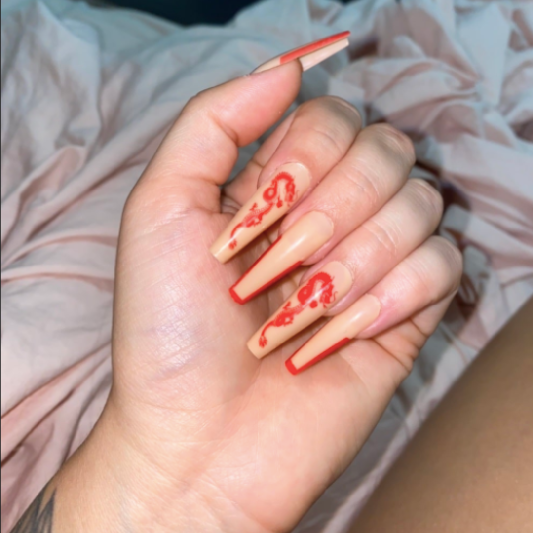 NUDE RED DRAGON PAINTED DESIGN LONG COFFIN