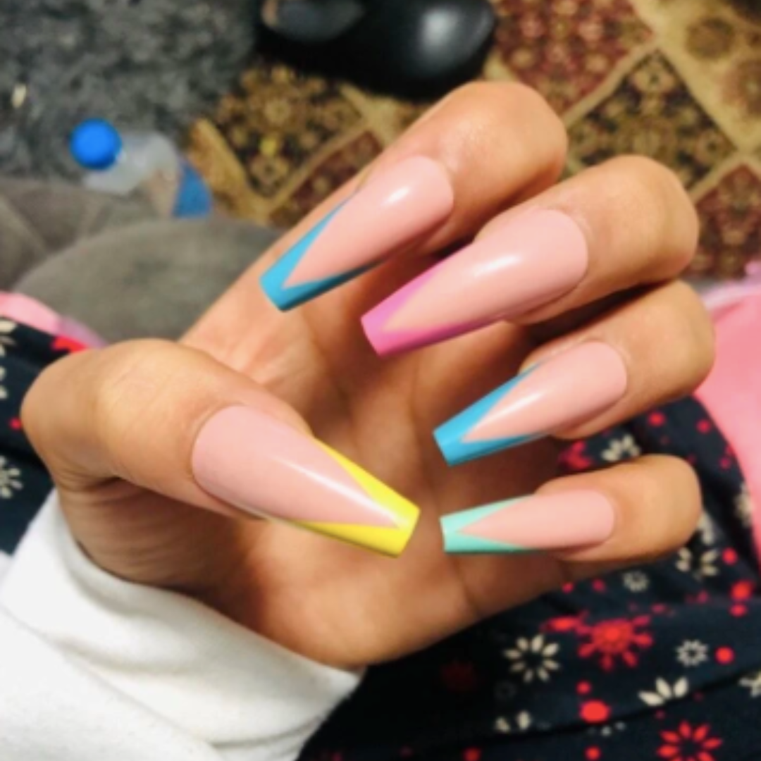 PASTEL RAINBOW NUDE V-SHAPE FRENCH LONG COFFIN